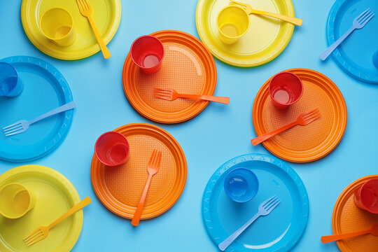 Plastic tableware on color background