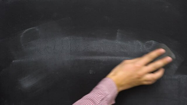 Man's hand erases the quarantine lettering from the blackboard.