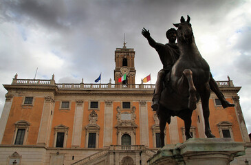 Campidoglio and equestrian statue of Marcus Aurelius in Rome.