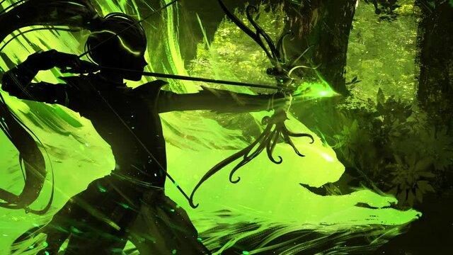 The black silhouette of a young elf hunter in a green forest, she stands in a fighting position with a stretched magic arrow, ready to hit her target, on her side the spirit cat raring to fight. 2d 