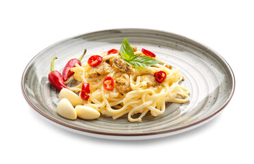 Plate with tasty noodles, chicken and garlic on white background