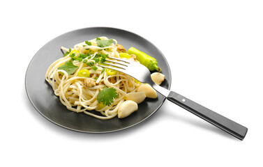 Plate with tasty noodles, chicken and garlic on white background