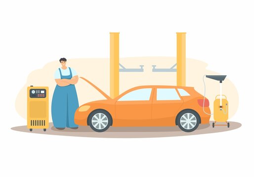Technical center, car service. Mechanic, car, car lift, service equipment: Oil System Tools. Colored vector illustration for your designs.