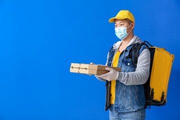 Courier of food delivery service on color background