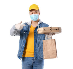 Courier of food delivery service on white background