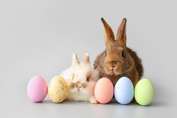 Cute rabbits and Easter eggs on grey background