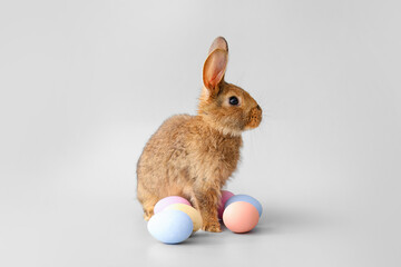 Cute rabbit and Easter eggs on grey background