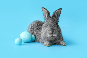 Cute rabbit and Easter eggs on color background