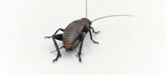 cricket named Roach, one of the family Gryllidae, body size, long antennae, with double front wings, thick, angled wings on the sides of the body, rear wing, thin wings, foldable, blowing under the fr
