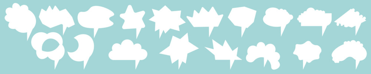 Big set of vector white comic speech bubbles on blue background. Isolated colorful banner, empty paper shape. Cartoon flat illustration for chat. Template frame. Hand draw style, dialog cloud.