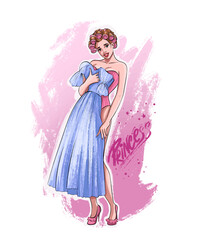 Princess slogan. Hand drawn beautiful young woman. Print for T-shirt.Fashion woman look. Sketch.Vector illustration