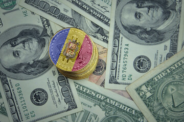 golden shining bitcoins with flag of andorra on a dollar money background.
