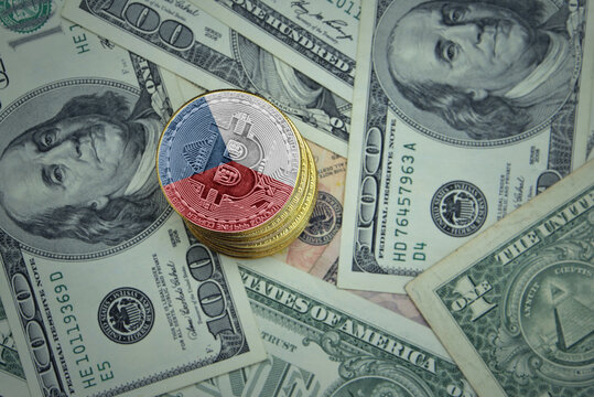 golden shining bitcoins with flag of czech republic on a dollar money background. - Powered by Adobe