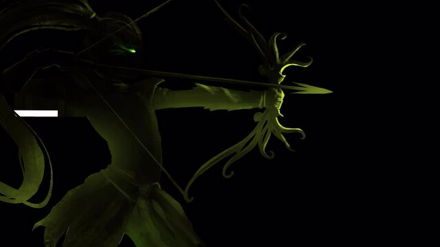 The black silhouette of a young elf hunter , she stands in a fighting position with a stretched magic arrow. 2d illustration, Transparent background