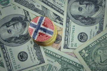 golden shining bitcoins with flag of norway on a dollar money background.