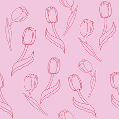 Seamless pattern with red tulips on a pink background. Floral background Vector illustration.