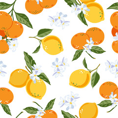 Mandarins and lemons floral pattern, vector seamless fruit background, citrus fruits, flowers, leaves, lime branches texture. Citrus design for fabric, print, covers, wedding, background, wallpaper 