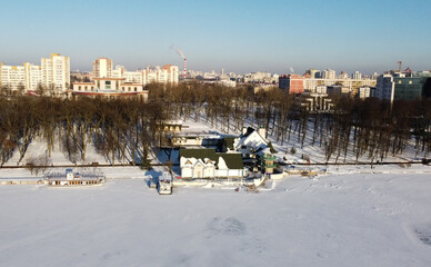 Top view of snowy city in winter. 13 February 2021, Minsk Belarus