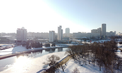 Top view of snowy city in winter. 13 February 2021, Minsk Belarus