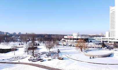 Top view of snowy city in winter. 13 February 2021, Minsk Belarus