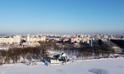 Top view of snowy city in winter. 13 February 2021, Minsk Belarus