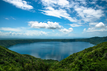 Laguna de Apoyo Mirador de Catarina beautiful view on Lagoon and Lake Nicaragua Cocibolca in the background and blue sky Central America