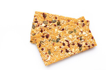 Rye bread slice on a white background.