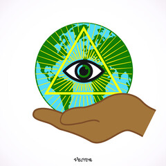 Illuminati conspiracy theory illustration. All seeing eye in triangle. Hand holding world. New World Order.