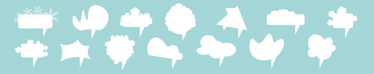 Big set of vector white comic speech bubbles on blue background. Isolated colorful banner, empty paper shape. Cartoon flat illustration for chat. Template frame. Hand draw style, dialog cloud.