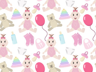 Seamless vector pattern of baby items, toys for babies