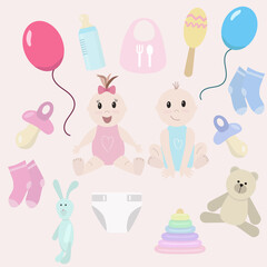 Vector set of children's items, toys, different elements for babies girls and boys. Baby items collection