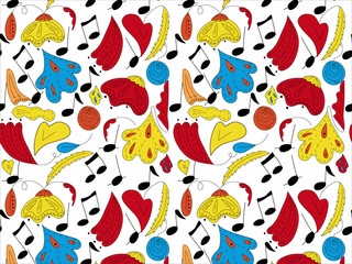 Seamless vector pattern on a music theme with notes, flowers, leaves and twigs.