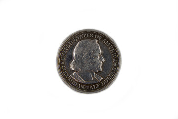 Old american coin half dollar on white background isolated