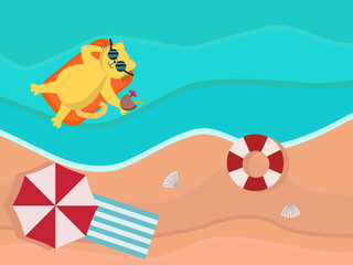 Vector illustration of a cat floating on an air mattress in the sea near the beach.
