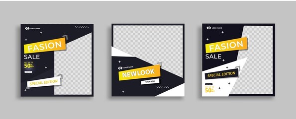 Fototapeta na wymiar Set of Editable minimal square banner template. Black yellow background color with geometric shapes for social media post and web internet ads. Vector illustration