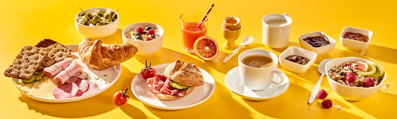 Breakfast panorama banner for advertising or menu on yellow