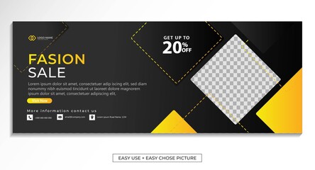 Editable fashion sale banner web template with yellow black background. Minimal, modern vector illustration