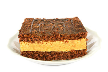 Slice chocolate brownies cake isolated on white.