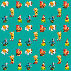 Background for designers and wallpaper, seamless texture with cockerel, dog, lamb, chicken on a gentle green background, pattern for children's festive packaging