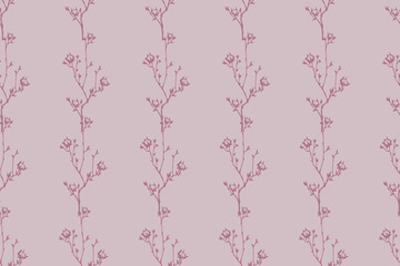 seamless pattern with floral, botanical elements, branches with leaves, flower buds and berries, ornamental plants, stylized vector graphics