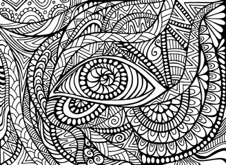 Shamanic Eye psychedelic trippy Coloring page for adult with bizarre ornaments fantastic background