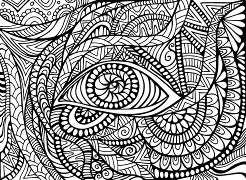 Shamanic Eye psychedelic trippy Coloring page for adult with bizarre ornaments fantastic background