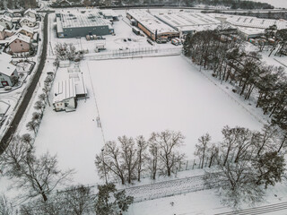 verschneiter Sportplatz, Fussballplatz, Winter