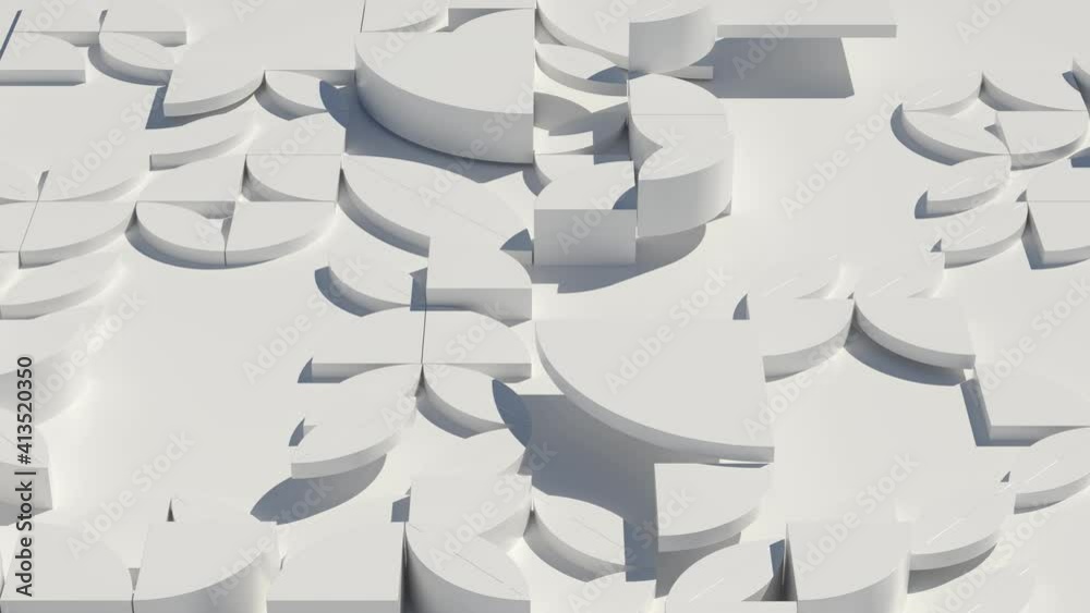 Poster loop 3d render of extruded shapes that generate chaotic graphic pattern. white gamma with shadows. s