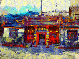 Ancient chinese shrine Illustrations creates an impressionist style of painting.