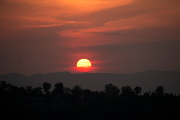 Typical sunset african lanscape with trees. Tree silhouette against a big orange round setting sun....