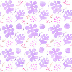 Seamless pattern of plants drawn in watercolor. The image of a spring flower field that is perfect for wallpaper. 
