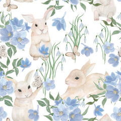Watercolor painting seamless pattern with gental blue flowers and cute rabbits. Spring background