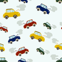seamless pattern with children's retro cars, cute pattern for decorating the goods of the smallest consumers, stylized vector graphics, bright, colorful