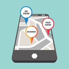 road map direction in mobile phone with colorful pin pointer. vector illustration